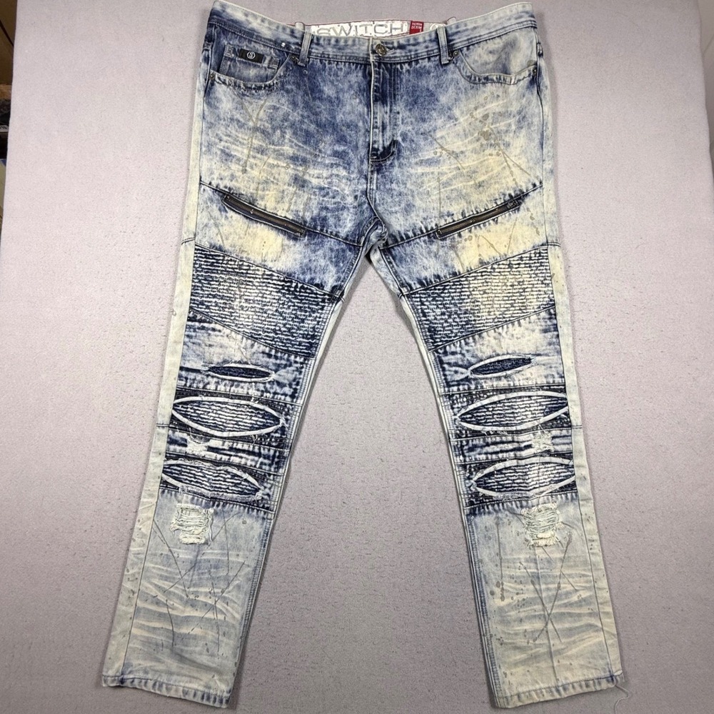 Switch Premium Denim Mens Acid Wash Moto Distressed Paint Splatter Jeans 44x32